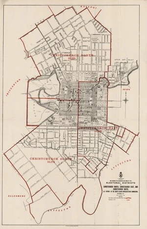 Map showing the boundaries and names of the electoral districts of Christchurch North, Christchurch East, and Christchurch South as defined by the South Island Representation Commission, September 1911.