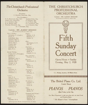 Christchurch Professional Orchestra :Fifth Sunday concert, Christchurch Professional Orchestra; conductor Mr Albert Bidgood (by permission of Ben & J Fuller Ltd). Opera House, Sunday evening, May 2 1920. [Front and back cover of programme]