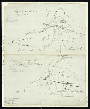 [Creator unknown] :[Sketch plan of the area near Ormond (Ormondville) showing a] Reserve as it is proposed by Paul [and] Reserve as it w[oul]d be available for white people [ms map]. [ca. 1873]