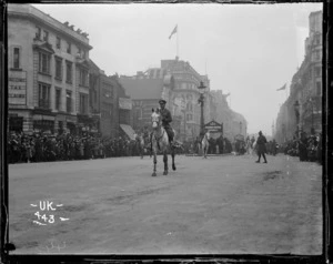 A mounted officer at a London military parade after World War I