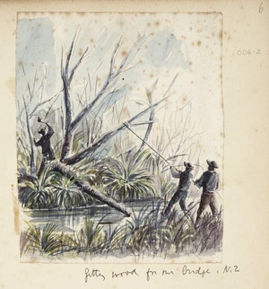 Green, William Spotswood, 1847-1919 :Getting wood for our bridge. N. Z. [14 February 1882]