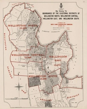 Map showing the boundaries of the electoral districts of Wellington North, Wellington Central, Wellington East and Wellington South as defined by the North Island Representation Commission, September, 1911.