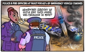 Police & fire officers at fault for 62% of emergency vehicle crashes - two police officers, next to a police car crashed against a pole, want to stop "young 'uns crashing"