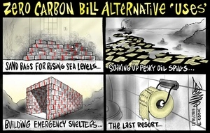 Zero Carbon Bill alternative "uses" - sandbags, oil spill sponge, emergency shelter, and toilet paper