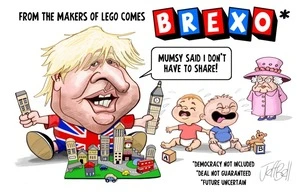 Boris Johnson as a toddler playing with "Brexo" Lego while two babies cry and the Queen Looks on