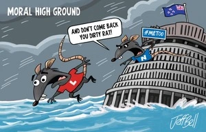 Moral High Ground - the National Party rat holding a "#MeToo" sign pushes the Labour Party rat out of the Beehive into high water of sexual harassment and assault claims
