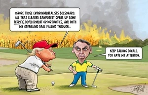 Donald Trump and Jair Bolsonaro play golf and ignore the fires of the cleared Amazon rainforest burning behind them