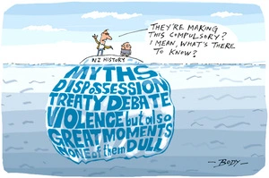 The "NZ History" iceberg is mostly underwater as a man asks a boy as its now compulsory - "what's there to know"