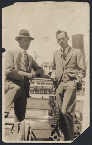 Frank Sargeson and friend on board ship