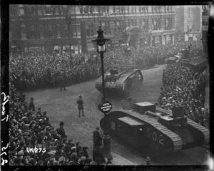 Tanks on parade in London at the end of World War I