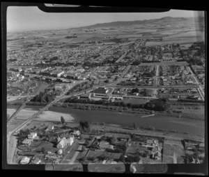 View of the town of Gore and the Mataura River with Waipahi Highway and Rail Bridges in foreground, Southland Region