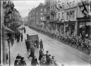 New Zealand troops marching through a city on the march to the Rhine after the Armistice