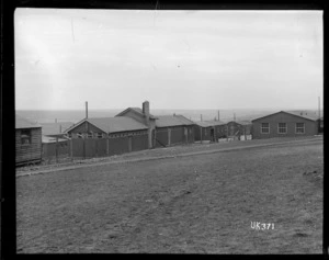 Wooden World War I camp buildings on a rise, England