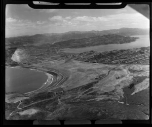 Rongotai Airport and land being prepared for development, showing Lyall Bay (foreground) and Evans Bay (opposite), Wellington
