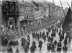 New Zealand troops marching through a city on the march to the Rhine after the Armistice