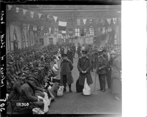 Disembarked troops inside a large shed at Dover, World War I