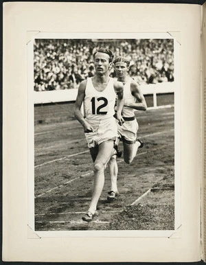 Photograph of Jack Lovelock and Peter Ward in a three mile race at White City Stadium