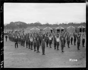 Physical training exercises at the New Zealand Artillery camp, Ewshot