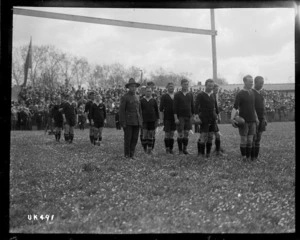 A World War I New Zealand rugby team on the field before a game in France