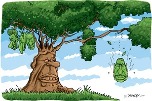 The green fruit head of Prince Andrew falls from the Royal family tree where Queen Elizabeth is the trunk and three other fruit Anne, Charles, and Philip still hang