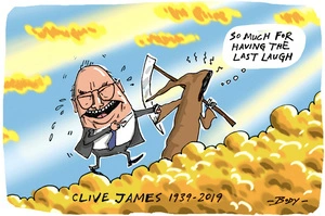 The Grim Reaper taking a laughing Clive James up a golden cloud towards heaven
