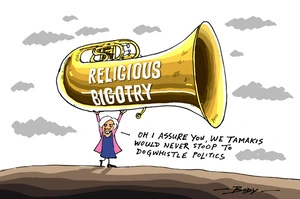 Destiny Church's Hannah Tamaki carries aloft a large "Religious Bigotry" brass tuba as she denies her call to ban new mosques and temples is not stooping to "dog whistle politics".