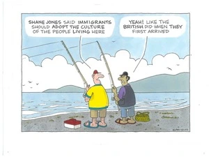 A Pakeha surfcasting fisherman and a Maori fisherman on the beach talk about remarks by Shane Jones that immigrants should "adopt the culture of the people living here" - "like the British did when they first arrived"