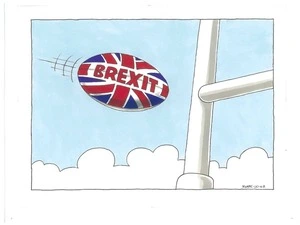A "Brexit" Union Jack flag shaped rugby ball flies through the air towards the goal post