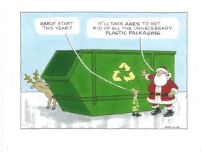 A reindeer looks around a large green recycling bin as Father Christmas tells an elf that "It'll take ages to get rid of all the unnecessary plastic packaging" this year