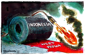 World ignores Indonesian brutality in West Papua - a "Indonesia" roll of carpet blowtorches a red "West Papua" path