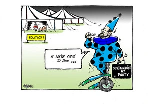 Vernon Tava dressed as a blue clown on a unicycle, and carrying his "Sustainable NZ party" briefcase, arrives at the "Politics" circus tent