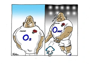 An England "O2" red roses rugby player smiles, then his shirt changes to "O No!" as he drops the "2nd" shape