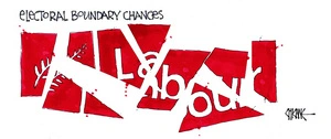 The red NZ Labour Party logo breaks into pieces from "electoral boundary changes"