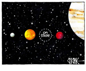 An "on strike" dotted circle in the line of planets in deep space as Earth is on the Climate Strike