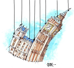 The Palace of Westminster suspended by ropes as a hung Parliament