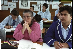 Karen Hayward and Andrew Fitisemanu in a high school classroom - Photograph taken by Ray Pigney