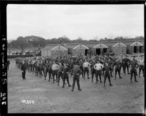 Physical training exercises at the New Zealand Artillery camp, Ewshot