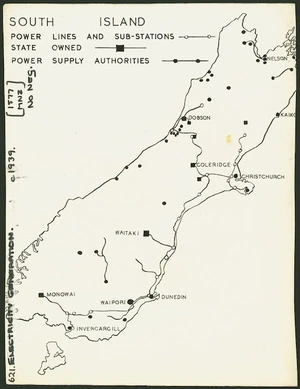 Map of the network of power lines and sub-stations in the South Island