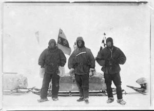 E Shackleton, Captain Scott and Dr E A Wilson, on the British National Antarctic Expedition