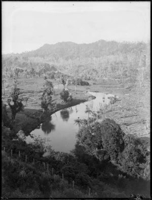 Landscape with river/stream, and cleared area, probably Christchurch district