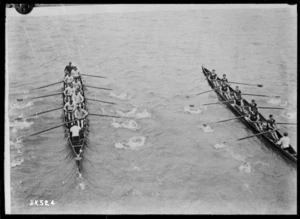 Two rowing eights on the Seine River, Paris