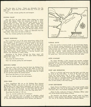 New Zealand Department of Tourist and Publicity. Publicity Division :What to see and do at Wairakei. Another highlight of New Zealand. Produced by the Publicity Division of the New Zealand Department of Tourist and Publicity. R E Owen, Government Printer, Wellington, 1953. [Inside of folded pamphlet]