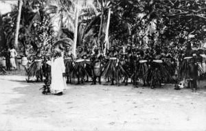 Queen Tenia'makui with Banaba Island men in traditional clothing, at Tabwewa village, Banaba, Kiribati