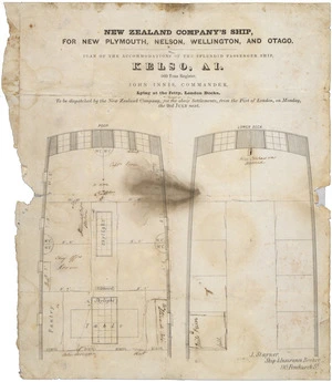 Artist unknown :New Zealand Company's ship, for New Plymouth, Nelson, Wellington and Otago. Plan of the accommodations of the splendid passenger ship, Kelso, A I. 560 tons register, John Innes commander. Lying at the jetty, London, Docks. J. Stayner, Ship & Insurance broker, 11 Fenchurch St. [1849 with annotations 1850 or after].