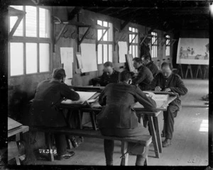 Sign writing class at a World War I army camp, England