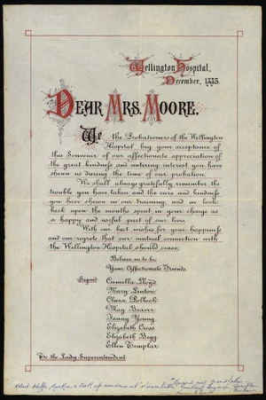 Moore, (Mrs) fl 1883 : Illuminated address from staff, Wellington Hospital