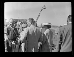 Vice President Robert Murray (left), Traffic Manager of Pacific Alaska Division Herbert Milley, and Miss D Douglas of Pan American World Airways (Pan Am) at Whenuapai, Waitakere City, Auckland