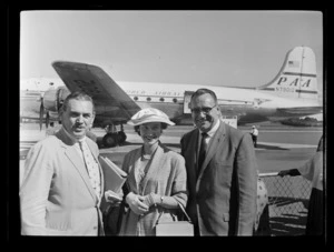 Herbert Milley (Traffic Manager of Pacific Alaska Division) and Miss D Douglas, Whites, and Goding (Traffic Manager Auckland), of Pan American World Airways (Pan Am), Whenuapai, Auckland