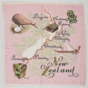 New Zealand [Child's handkerchief with New Zealand tourist map and motifs. 1960s?]