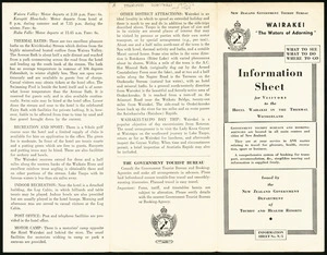 New Zealand Department of Tourist and Health Resorts :Wairakei, "the waters of adorning". What to see; what to do; where to go. Information sheet for visitors the the Hotel Wairakei in the thermal wonderland. Information sheet no. N/5. Harry H Tombs Ltd., printers [Front cover and outside. ca 1950-1954]